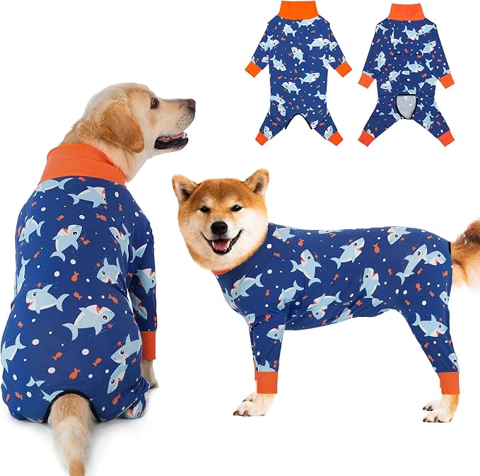 Dog Recovery Suit After Surgery Female Male, Medium Large Dog Neuter Shirt Cone Alternatives Prevent Licking Surgical Onesies (Blue Shark, 2XL)