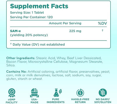 Liver Support for Dogs with SAM-e - Chewable SAM-e for Dogs Bone Mood Brain and Liver Support Supplement with Easy Absorption 225mg S-Adenosyl-L-Methionine - Made in a cGMP US Lab (Single)