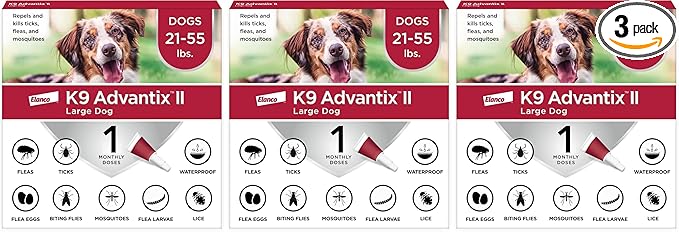 K9 Advantix II Large Dog Vet-Recommended Flea, Tick & Mosquito Treatment & Prevention | Dogs 21-55 lbs. | 1-Mo Supply (Pack of 3)