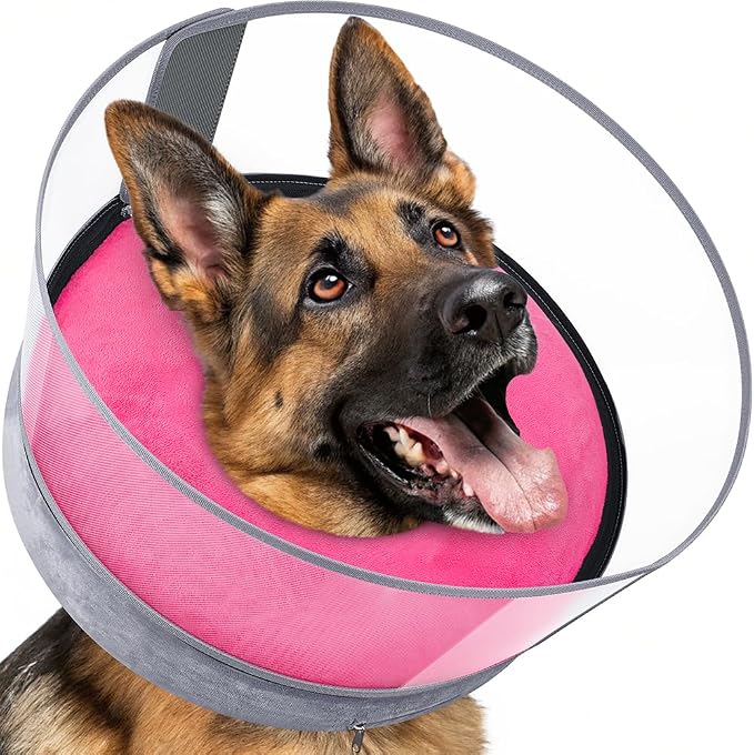 BARKLESS Dog Donut Collar, 2-in-1 Inflatable Dog Collars for After Surgery to Stop Licking Wounds, Patented Protective Donut Cone with High Shield for Large Pets (Hot Pink, XL)