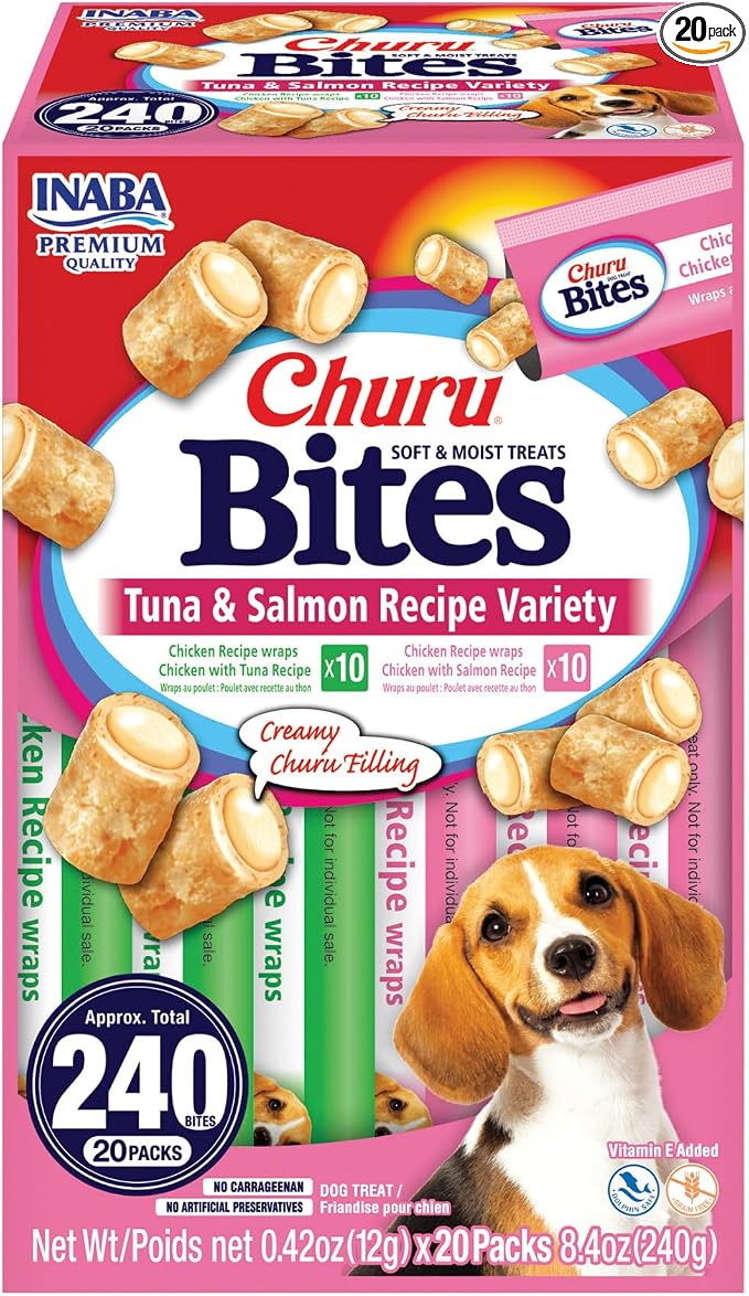 Churu Bites for Dogs, Soft & Chewy Dog Treats with Vitamin E, 0.42 Ounces Each Tube, 20 Tubes, Tuna & Salmon Variety Box