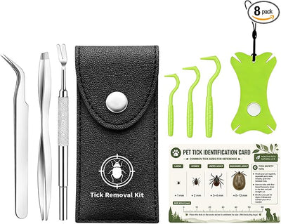 Tick Removal Tool Kit for Dogs Cats and Humans, Stainless Steel Tick Remover Set with 3 Tick Tweezers, 3 Tick Twisters, Tick Key, Tick ID Card and Leather Case for Camping Hiking Outdoor