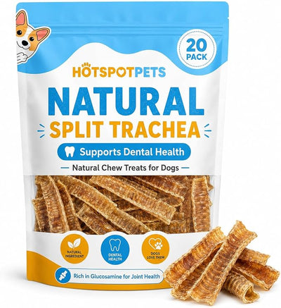 hotspot pets Premium Beef Trachea for Dogs 6" Strips Split -(20 Pack) All Natural Grass-Fed Beef Dog Chews, Rich in Glucosamine Chondroitin for Joint Health, Single Ingredient No Rawhide Dog Treats