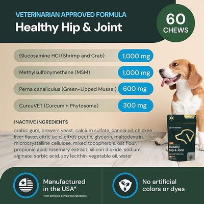 VETRISCIENCE Veterinary Strength Healthy Hip & Joint Chews - Joint Health Supplement for Dogs Over 60 Pounds - Supports Mobility & Flexibility in Large Dogs - 60 Count