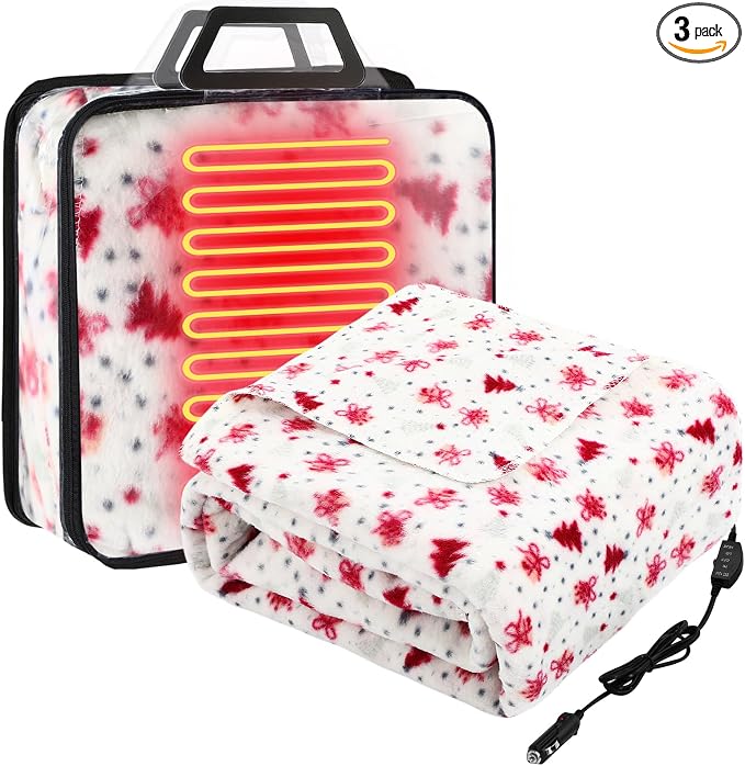 Tuanse 58 x 43 Inches 12 Volt Heated Car Blanket Plug in Portable Car Electric Blanket with Cigarette Lighter, Temperature Controller and Storage Bag for Rv Truck Traveling(Red,Christmas Tree)