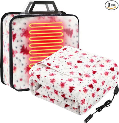 Tuanse 58 x 43 Inches 12 Volt Heated Car Blanket Plug in Portable Car Electric Blanket with Cigarette Lighter, Temperature Controller and Storage Bag for Rv Truck Traveling(Red,Christmas Tree)
