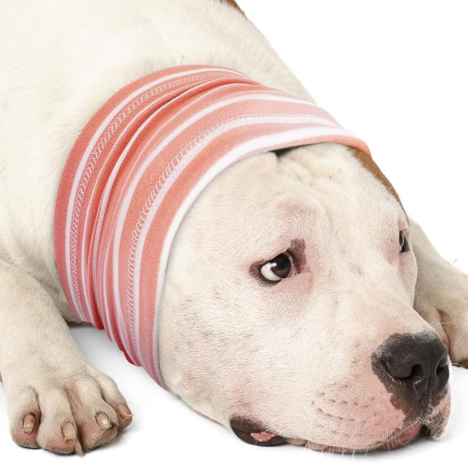 Calming Hoodie Dog Grooming Ear Cover Anxiety Relief-No Shake Dog Ear Wrap Hematoma, Striped Head Wrap Snoods for Noise Protection, Bath, Fireworks, Thunderstorm, Blow Drying, Warm-Keeping