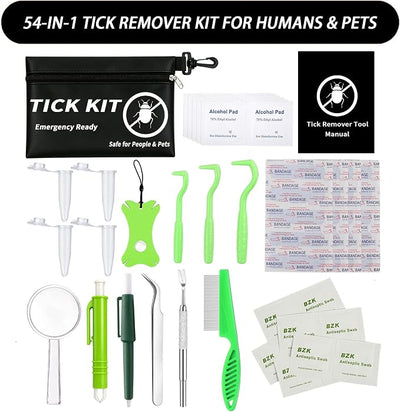 54-in-1 Tick Removal Tool Kit for Dogs, Cats and Humans, Stainless Steel Tweezers, Hooks, Pullers, Comb, Flea Comb and Black Waterproof Case for Hiking Camping Outdoor