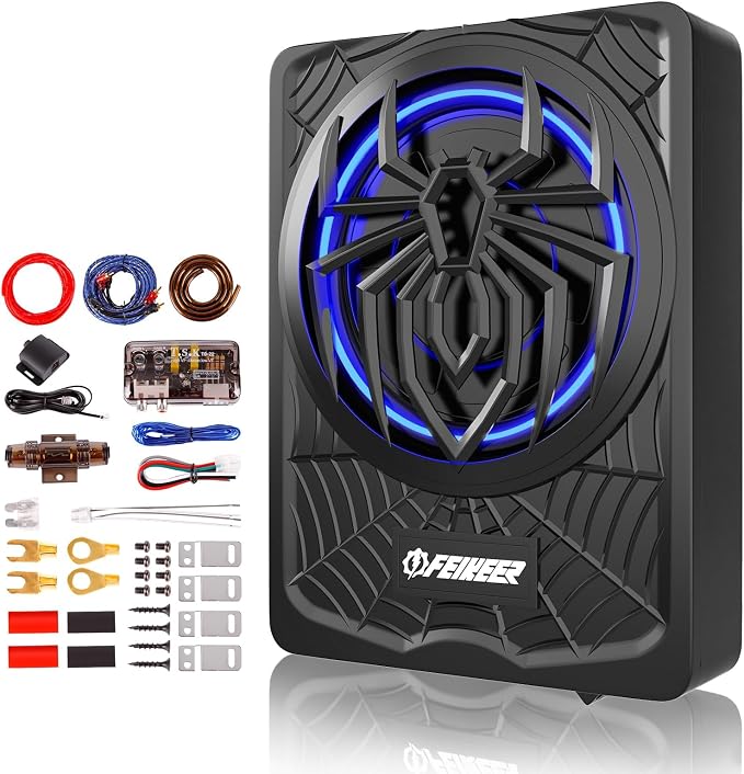 10" 1200W Under Seat Subwoofers with Amp,Slim Underseat Car Subwoofer and Amp Package, Individual Control for Low Pass/Gain/Boost Bass.Deep Bass Perfect for Truck/SUV/Jeep/MPV,Blue LED