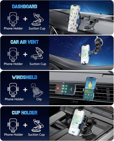 BothLin 3-in-1 Wireless Car Charger Mount, 15W Fast Charging Auto-Clamping Phone Holder for iPhone 17 16 15 14, Samsung Galaxy S24 S23, Dashboard, Vent & Windshield Car Mount(Deep Blue)