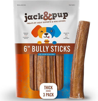 Jack&Pup 6 Inch Bully Sticks for Dogs (3 Pack) Extra Thick Dog Chews Long Lasting, Single Ingredient, 100% Beef Bully Sticks for Large Dogs and Medium Dogs