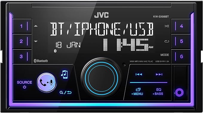 JVC KW-SX88BT Bluetooth Double DIN Car Stereo, 200W Digital Stereo Receiver, AM/FM Radio, Dual Phone Connection, 13-Band EQ, 1.5A USB & AUX Inputs, Custom Color Illumination, Shallow Chassis