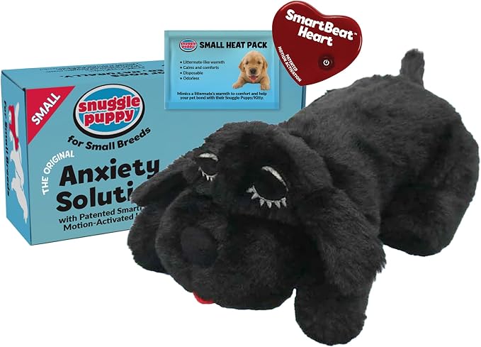 Original Junior Heartbeat Puppy Toy for Small Breeds, Compact Plush Dog Toy with Real-Feel Pulse for Crate Time and Rest - Black
