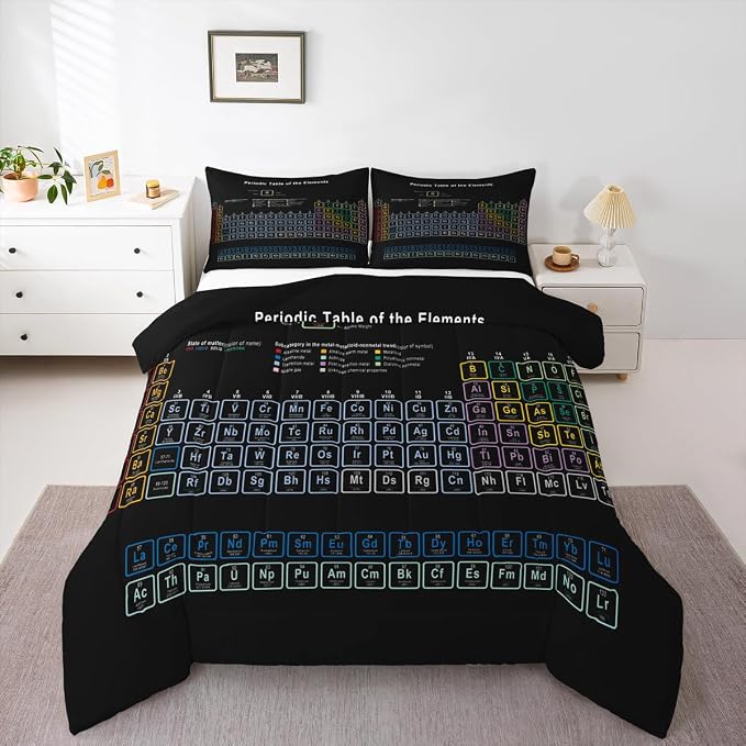 Erosebridal Chemistry Theme Bedding Sets Full Size, Periodic Table of Elements Comforter Set, Science Chemistry Lovers Duvet Sets for Kid Teens Boys Man Bedroom Decor Bedding Set, Black