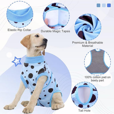 Kuoser Dog Surgery Suit, Soft Dog Spay Recovery Suit Female, Anti Licking Neuter Recovery Suit for Male Dogs, Post-Op Pet Surgical Suit Protective Wear E-Collar & Cone Alternative,Blue Polka Dots 2XL