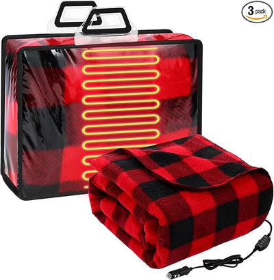 Tuanse 58 x 43 Inches 12 Volt Heated Car Blanket Plug in Portable Car Electric Blanket with Cigarette Lighter, Temperature Controller and Storage Bag for Rv Truck Traveling(Red Black,Checkered)