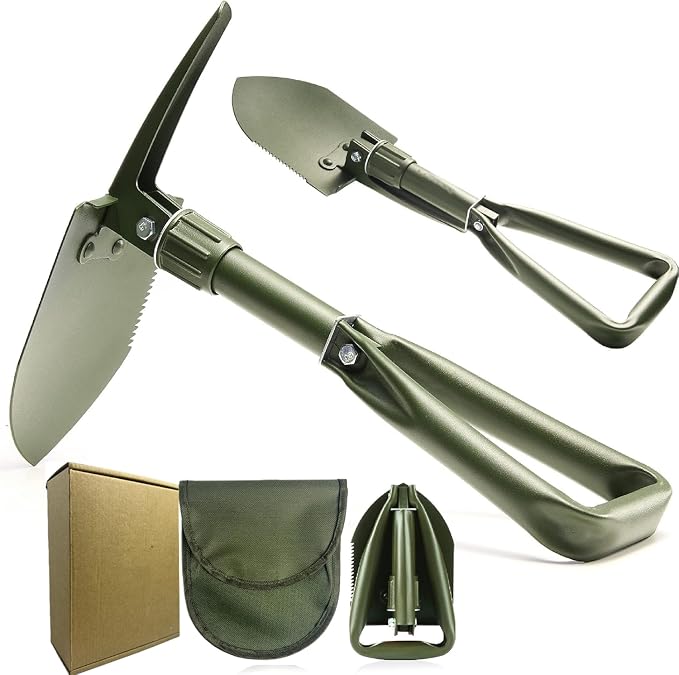 Folding Survival Shovel with Pick, Portable Carbon Steel Tactical Style Entrenching Tool for Snow, Off Road, Camping, Gardening, Beach, Digging (Green)