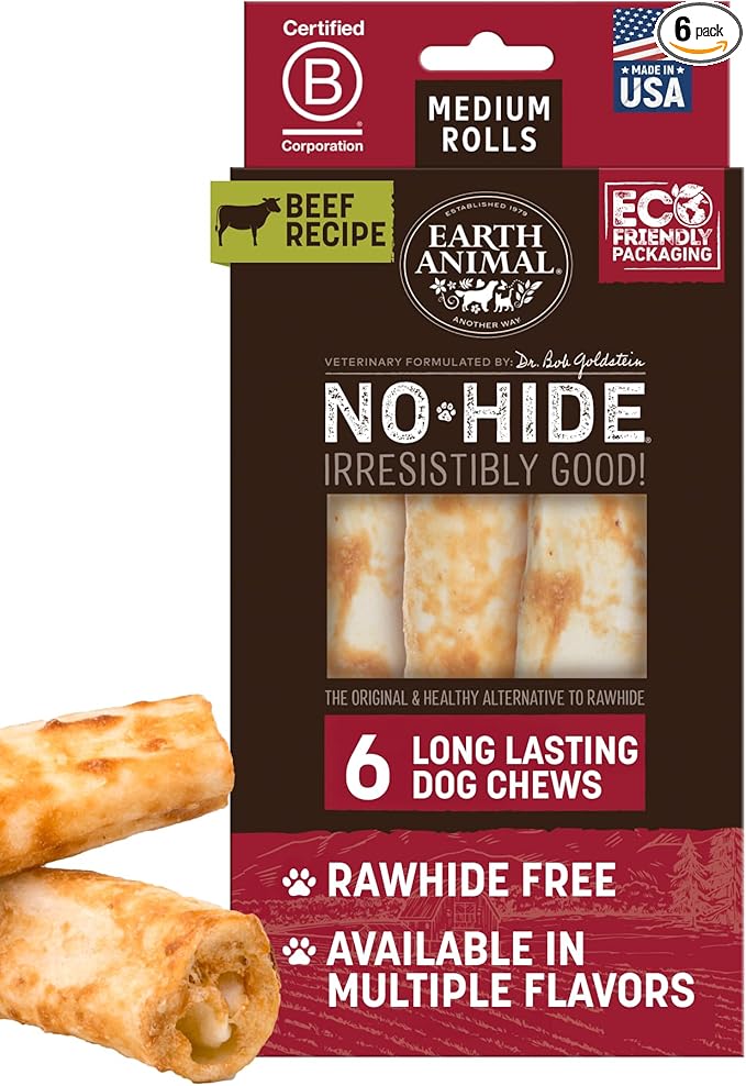 No Hide Chews - Long Lasting Rawhide Free Medium Dog Chews Rolls, Beef - 6 Count