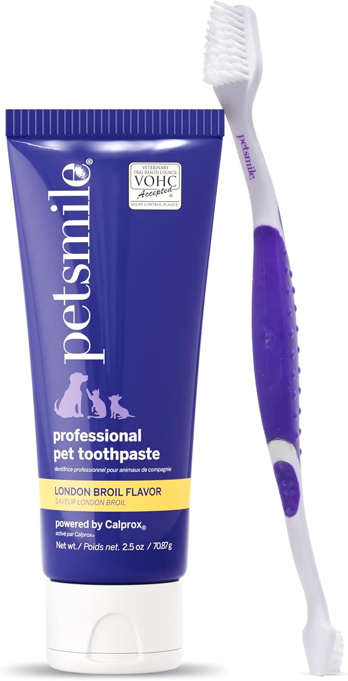 Professional Pet Teeth Brushing Kit for Cats & Dogs - VOHC Accepted Toothpaste & Patented Toothbrush - Proven to Control Plaque & Tartar Calprox Formula (London Broil, 2.5 Oz)