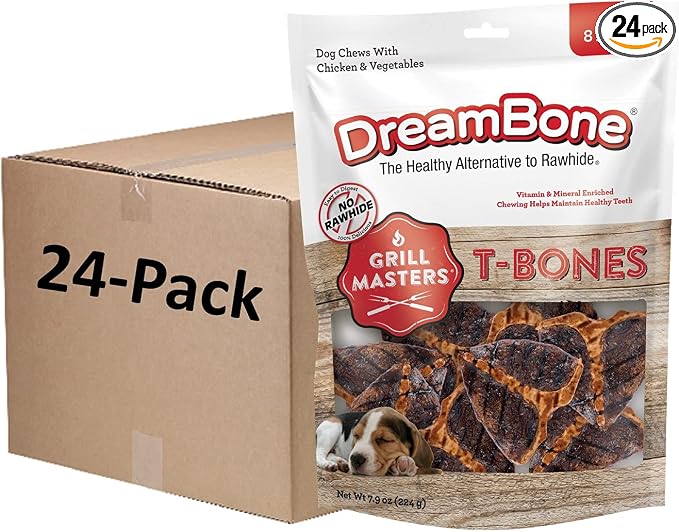 Grill Masters T-Bones, Small, Rawhide-Free Chews for Dogs (1 CASE of 24 Individual Packs of 8 Count)