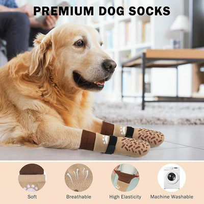 SCENEREAL Dog Socks to Prevent Licking Paws for Hot/Cold Pavement, Anti Slip High Top Dog Grip Socks for Hardwood Floors, Dog Shoes Booties&Paw Protector for Small Medium Large Senior Dog, Khaki M