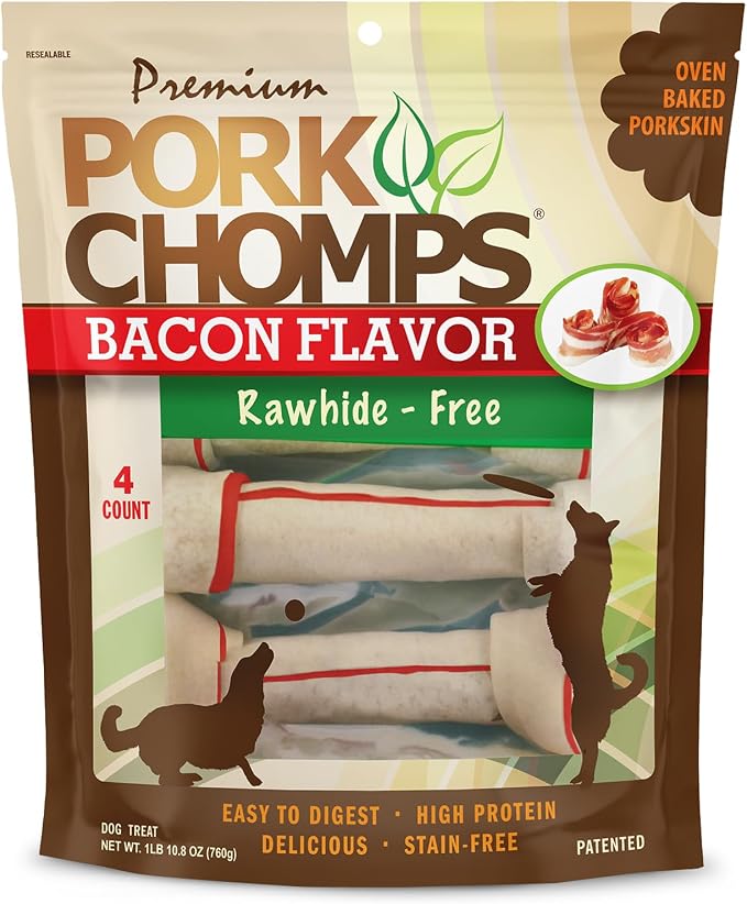 Baked Pork Skin Dog Chews, 11 Inch Knots, 4 Count, 1 Pack, Bacon Flavor - Long-Lasting Treats for Dogs - High Protein, Rawhide-Free, Low Fat, Healthy & Delicious Chews