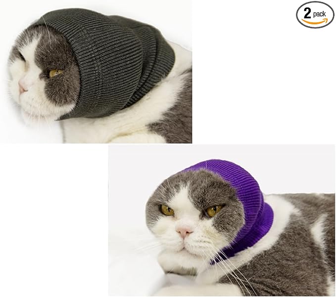 Cat Ear Cover Head Wrap (2 Pack),Calming Ear Wrap Cat Neck Gaiter Snood for Cats Grey+Purple S
