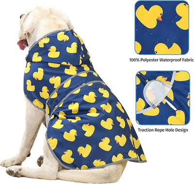 Dog Raincoat for Large Dogs Waterproof Jacket Hooded Rain Coats with Reflective Strips Leash Hole & Poncho Adjustable Fit (Duck,XL)