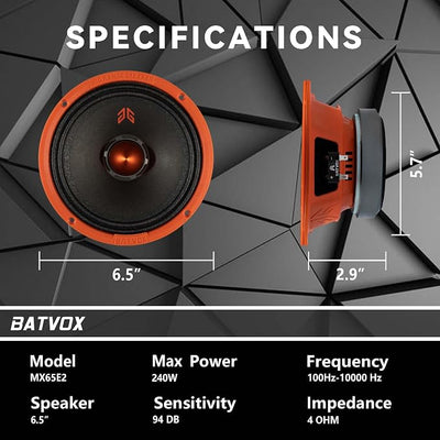 MX65E2 Loudspeaker 6.5 Inch Midrange 480 Watts 4 Ohms Orange Bullet, Premium Quality Audio Door Speakers for Car or Truck Stereo Sound System, Orange (2 Speakers)