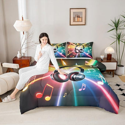 Erosebridal Headphone Comforter Set, Musical Note Hipster Bedding Set for Kids Boys Girls Teens, Rock Hip Hop Grunge Style Duvet Set Headset Bling Bedding Comforters Bedroom Decor, Queen Size