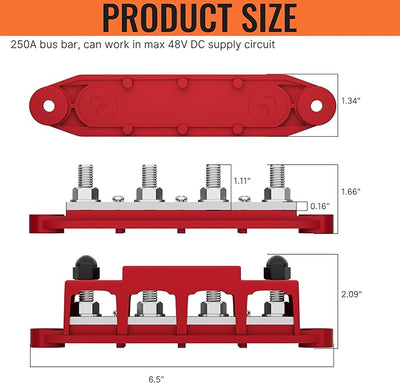 Joinfworld Bus Bar 12V 250A Power Distribution Block 4 x 3/8" Studs Marine Bus Bar 12 Volt Battery Busbar Terminal Block for Automotive, Car, Boat, Solar Wiring - Negative&Positive