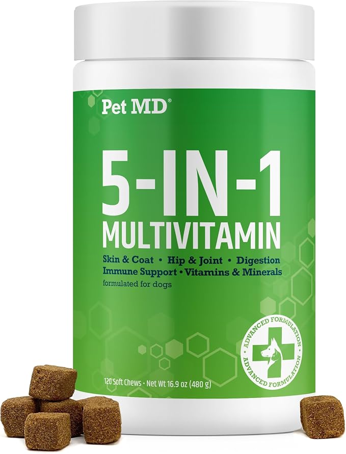 5in1 Dog Multivitamin - 30 Essential Vitamins, Minerals & Nutrients for Skin & Coat, Hip & Joint, Digestion, Immune & Senior Dog Vitamins - Glucosamine, Omega 3 6 9, & Probiotics - 120 ct