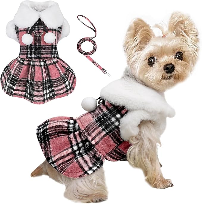 Dog Sweater with Leash Set D Ring Plaid Fleece Dog Clothes for Small Dogs Girl Boy Winter Puppy Dress Cold Weather Coat Fall XXS Sweater for Chihuahua Yorkie Cat Doggy Costumes, Pink, XXS