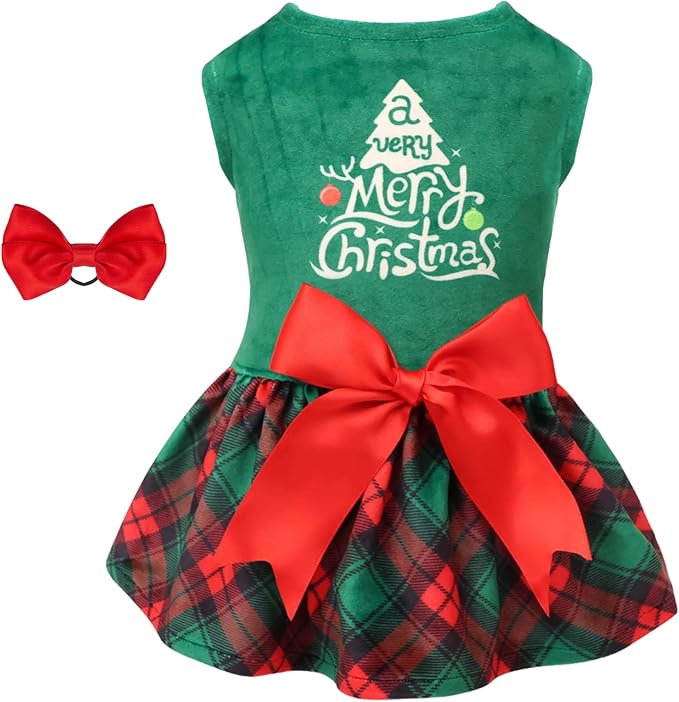 Christmas Tree Dog Dress Velvet for Small Dogs Girl Puppy Dresses Green Plaid Dog Clothes