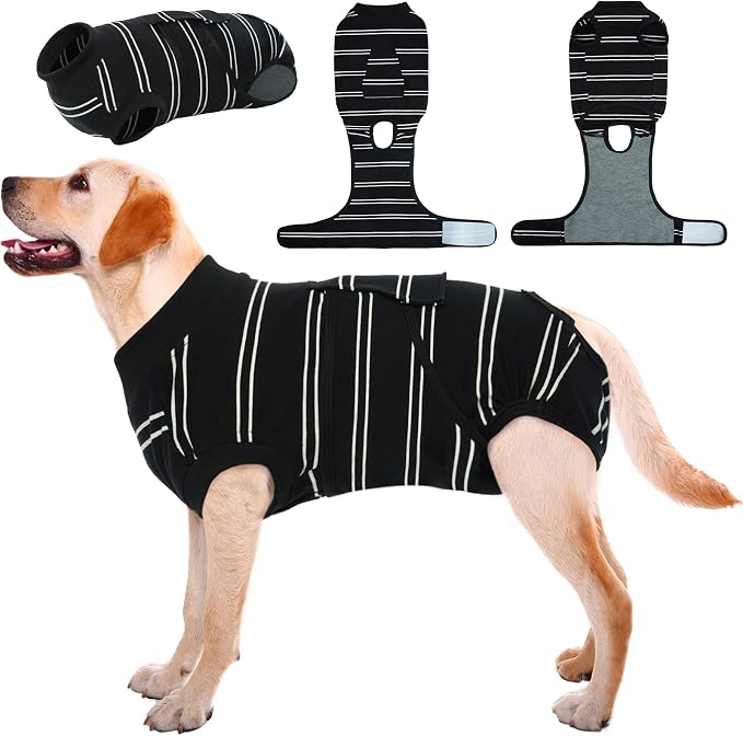 Dog Surgery Recovery Suit, Soft Breathable Dog Recovery Suit for Female Spay Male Nueuter, Anti Licking Puppy Onesie Pet Surgical Suit for Dogs Abdominal Wounds Skin Disease, Black Strips L
