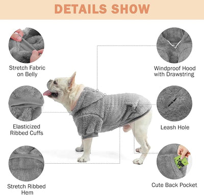 SCENEREAL Fleece Dog Sweaters Hoodie for Small Medium Large Dogs Girls Boys, Plush Fuzzy Dog Clothes Hoodies with Leash Hole, Winter/Fall Puppy Cold Weather Coat, Sherpa Hooded Sweatshirt, Grey L