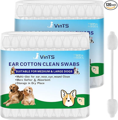VinTS 120Pcs Cotton Dog Ear Cleaning Swabs,2 Pack Dog Ear Infection Treatment Gourd-Shaped Ear Swabs,Safer Cleaning for Dogs and Cats L Size 100% Cotton