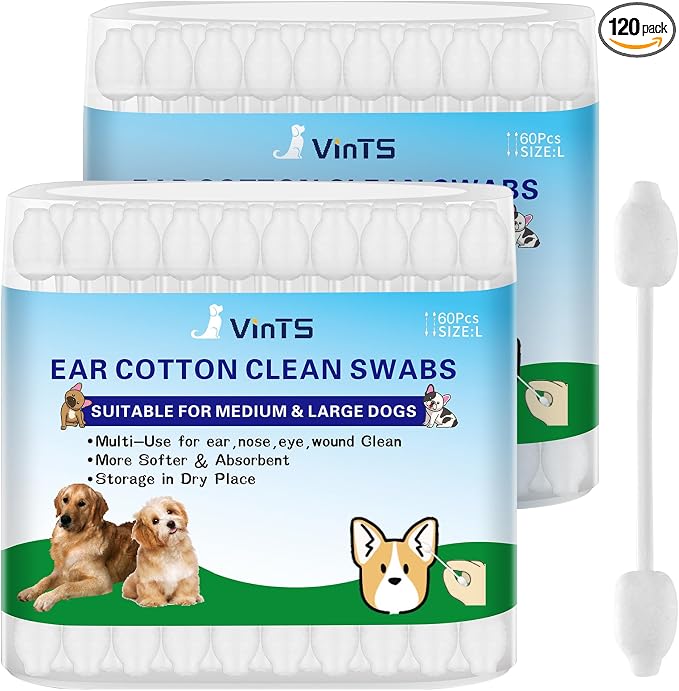 120Pcs Cotton Dog Ear Cleaning Swabs,2 Pack Dog Ear Infection Treatment Gourd-Shaped Ear Swabs,Safer Cleaning for Dogs and Cats L Size 100% Cotton