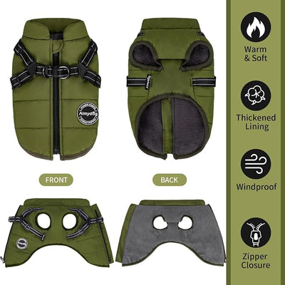 Warm Dog Winter Coat, Fashion Pet Cold Weather Jacket with Built-in Harness, Reflective & Adjustable Comfortable Pet Vest, Windproof Apparel for Small Medium Large Dogs (Green)