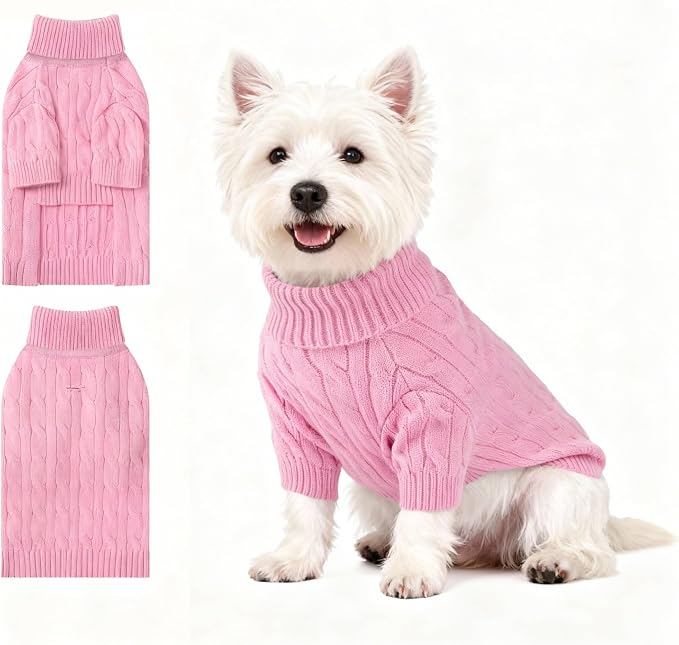 Small Dog Thermal Pullover Sweater, Classic Turtleneck Cable Knitwear Dog Clothes for Cold Weather Warm Pet Clothes for Chihuahua, Bulldog, Dachshund, Pug Pink Medium