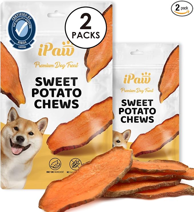 iPaw Sweet Potato Chews, Single Ingredient Dog Treats for Vegetarian, All Natural Human Grade Puppy Chew, Rawhide Alternative, Hypoallergenic, Easy to Digest, 2 Packs