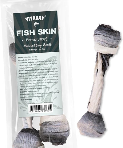 VITADAY 100% Fish Skin Dog Jerky Treats, Bones (L), 3 oz, 1-Pack | Natural dog jerky treats, rawhide alternative, 100% fish skin rich in collagen and omega-3, for all dogs, bones (L), 3 oz