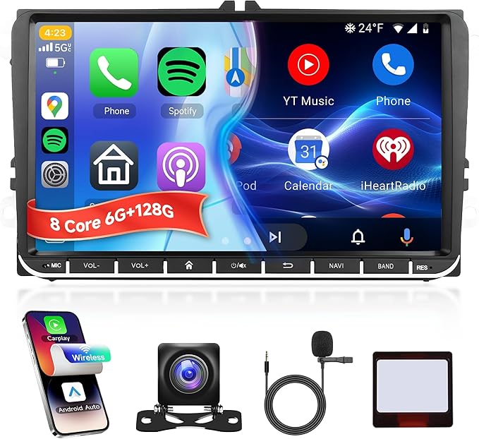 8 Core 6G 128G Android Car Stereo for VW Passat Jetta Tiguan Golf MK5 MK6 T5 EOS Polo with Wireless Carplay Android Auto, Rimoody 9'' Touchscreen GPS Bluetooth 5G-WiFi FM/RDS DSP Backup Camera SWC