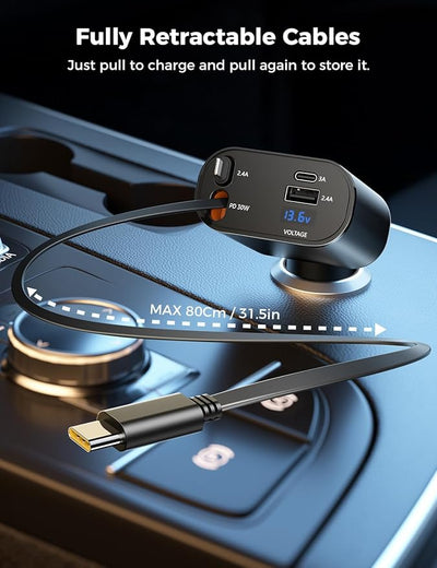 [Upgraded] SUPERONE Retractable Car Charger 4 in 1, Fast Car Phone Charger with Cord 2.6ft, USB C and Apple Car Adapter, Compatible with iPhone 17 16 15/15 Pro Max/14/13/12/11, Galaxy, Pixel