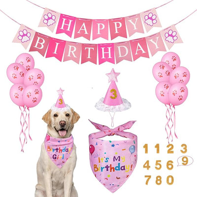 Dog Birthday Party Supplies, Dog Birthday Bandana Set, Dog Boy Girl Birthday Party Hat with Numbers,Flag, Balloon for Large Medium Small Dogs Pet (Pink)