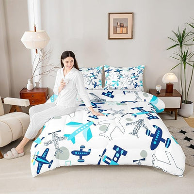 Erosebridal Kids Airplane Comforter Set, Aircraft Pattern Down Comforter Full Size Aviation Theme Cartoon Bedding Set for Boys Girls Teens Adult, Teal Blue Airplanes Duvet Sets with 2 Pillow Cases