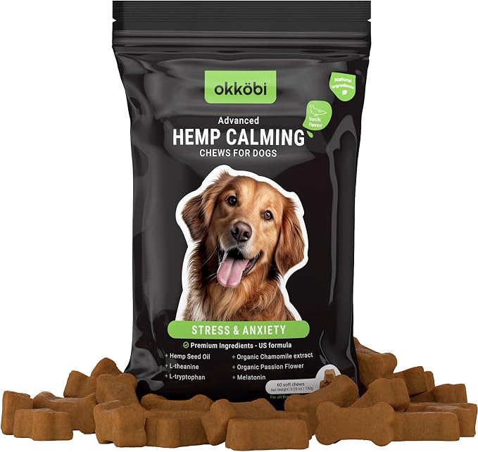 Hemp Calming Chews for Dogs Anxiety 60 pcs - Duck Flavored - Dog Anxiety Relief - Dog Calming Chews - Melatonin for Dogs - for Stress, Travel, Check-up, Barking or Grooming - Dog Calming Treats
