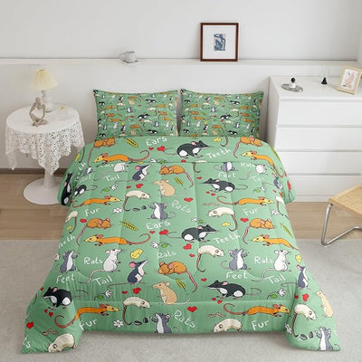 Erosebridal Kids Rat Comforter Set, Mouse Rodents Bedding Set Queen Size, Funny Animal Love Heart Duvet Sets for Boys Girls Children Bedroom, Cartoon Style Duvet Insert Decorative Room, Green
