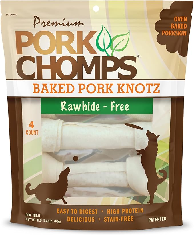 Baked Pork Skin Dog Chews, 11 Inch Knots, 4 Count, 1 Pack - Long-Lasting Treats for Dogs - High Protein, Rawhide-Free, Low Fat, Healthy & Delicious Chews