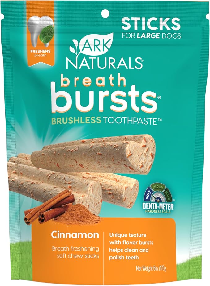 Breath Bursts Dog Treats, Dog Dental Sticks for Large Breeds, Unique Texture Helps Clean Teeth & Freshen Breath, Cinnamon, 6 oz, 1 Pack